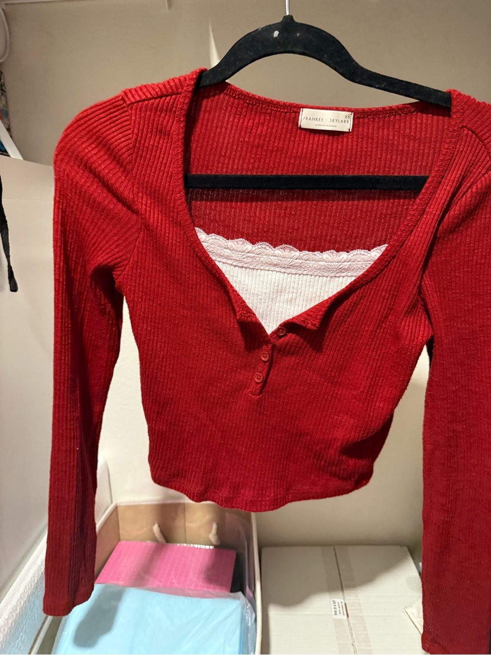 Red Ribbed Henley Long Sleeve Top
